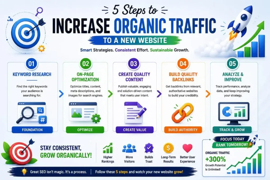 5 steps how to increase organic traffic to a new website
